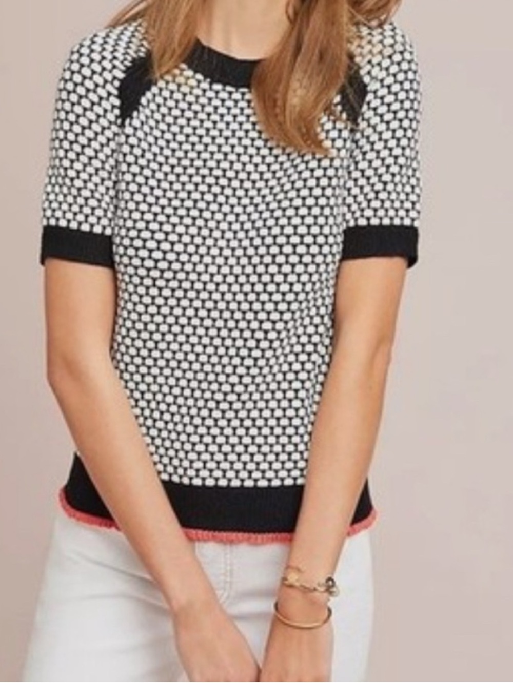 Anthropologie Moth Navy and White Short-Sleeve Knit Sweater